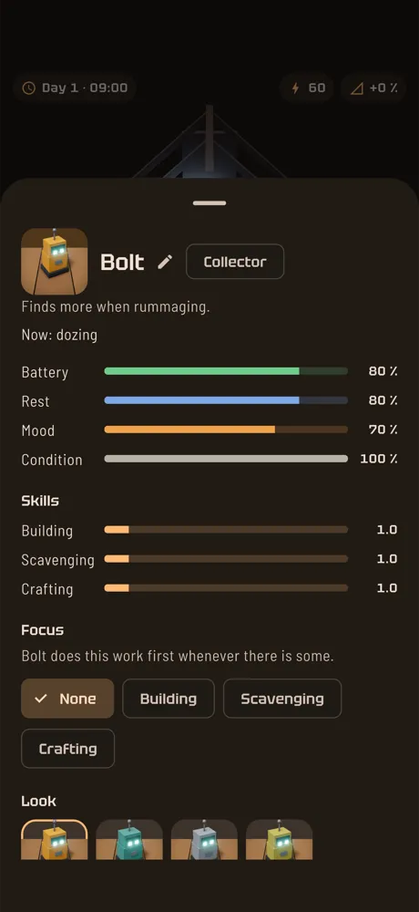 A robot sheet with needs, trait and skills